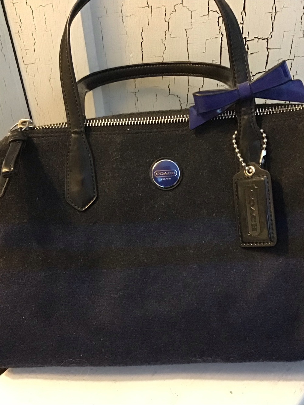 Coach Black and Navy Felted Wool Satchel with Leather Tag